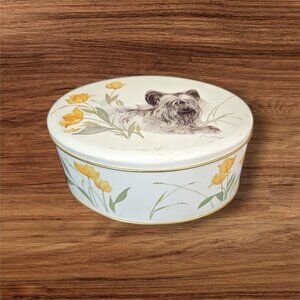 Vintage Skye Terrier Tin England Yellow Floral Dog Oval Trinket Storage Box 7"